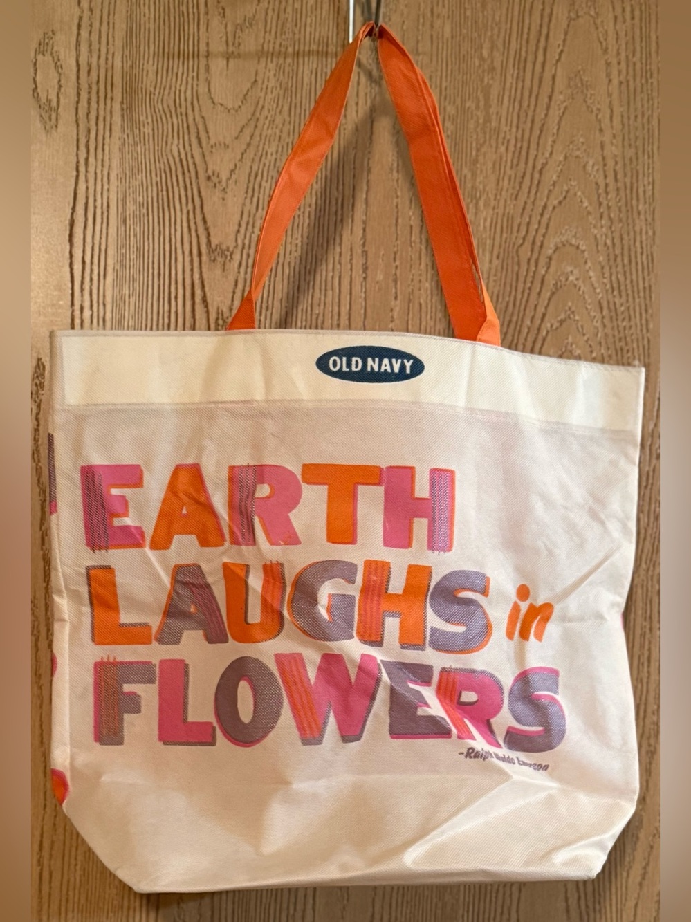 Old Navy Cream Tote with Orange Straps and Pink-Orange Lettering